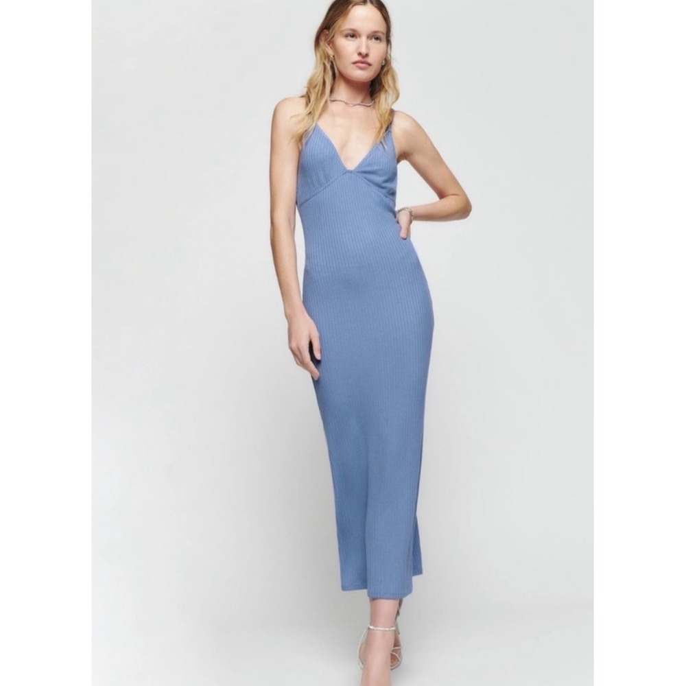 Reformation Brant Dress Viola Blue Ribbed Knit Midi Cross Back Tie Dress - small